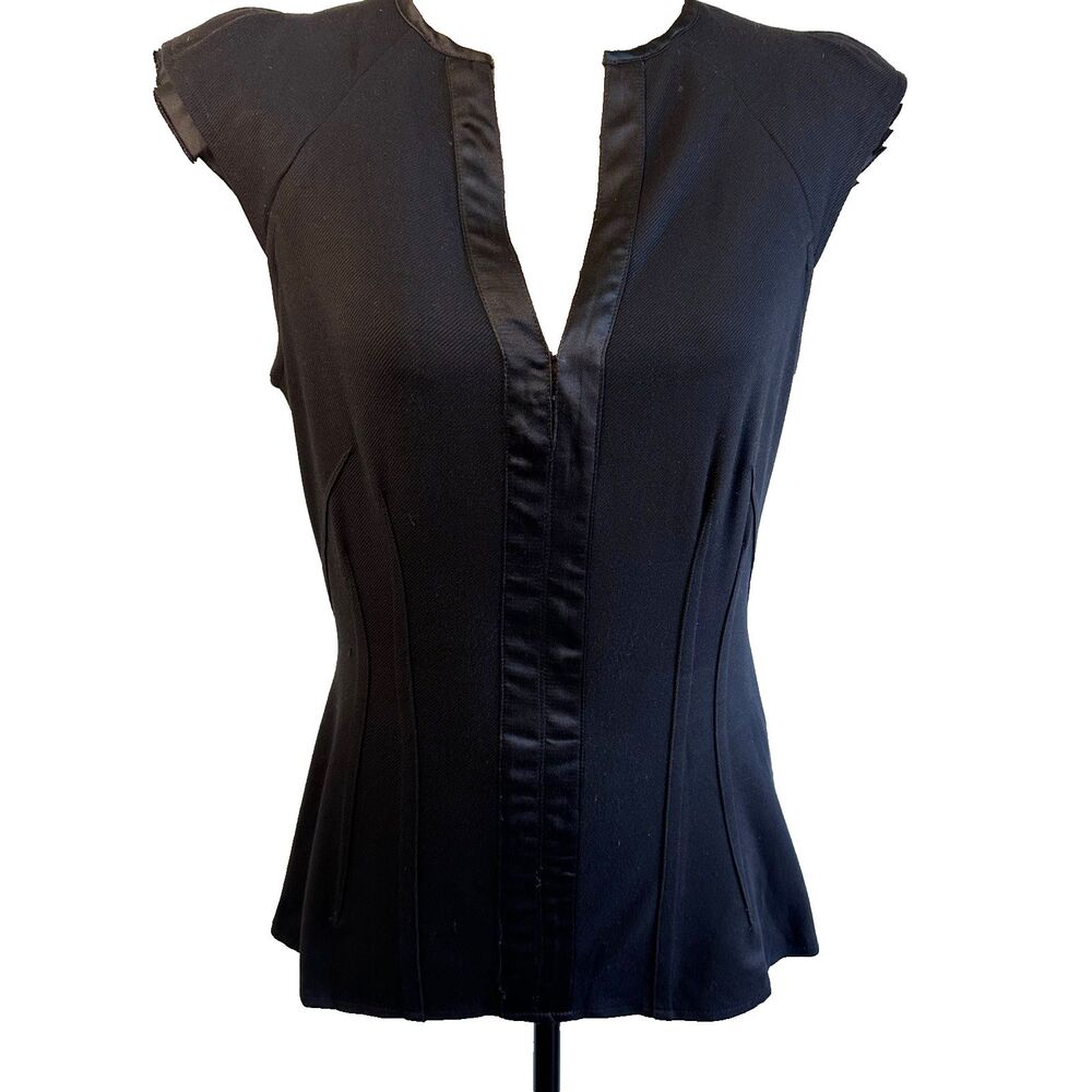 Nanette Lepore Your Eyes Only Black Satin Trim Stretch Back Zipper Top Sz 6/8